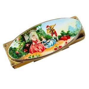 VTG Estate Stratton England lipstick holder compact mirror Victorian Scene gold